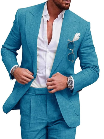 Men's Wedding Linen Suits 2 Piece Lake Blue Pea Green Champagne Solid Colored Summer Suits Tailored Fit No Buttons