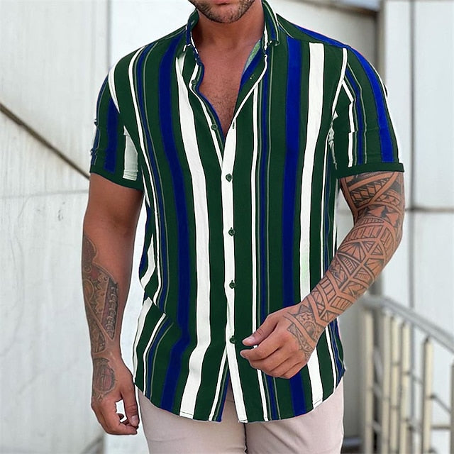 jiaabc Men's Shirt Button Up Shirt Summer Shirt Black + White + Red Purple Green Short Sleeve Striped Turndown Street Casual Button-Down Clothing Apparel Fashion Casual Comfortable