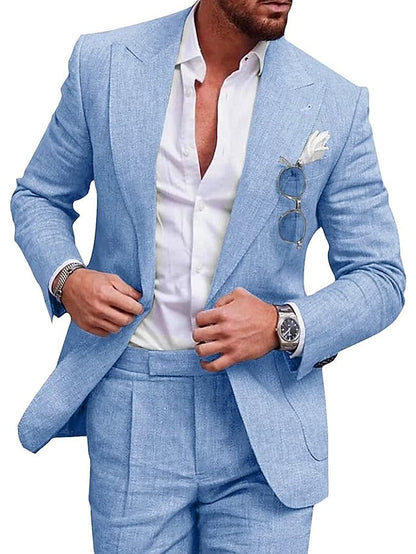 Men's Wedding Linen Suits 2 Piece Lake Blue Pea Green Champagne Solid Colored Summer Suits Tailored Fit No Buttons