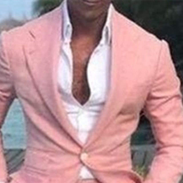 Men's Wedding Linen Suits Pink 2 Piece Solid Colored Summer Suits Tailored Fit Single Breasted One-button 2023