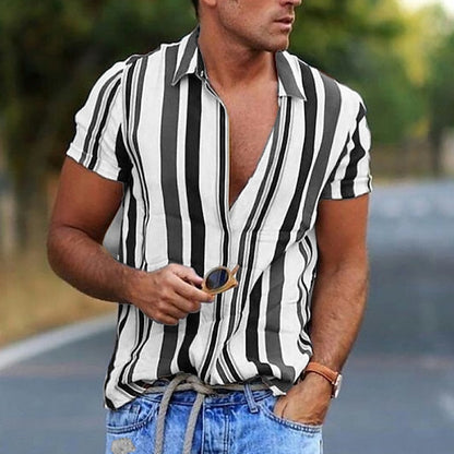 jiaabc Men's Shirt Striped Collar Street Daily Button-Down Print Short Sleeve Tops Casual Fashion Breathable Comfortable White / Summer