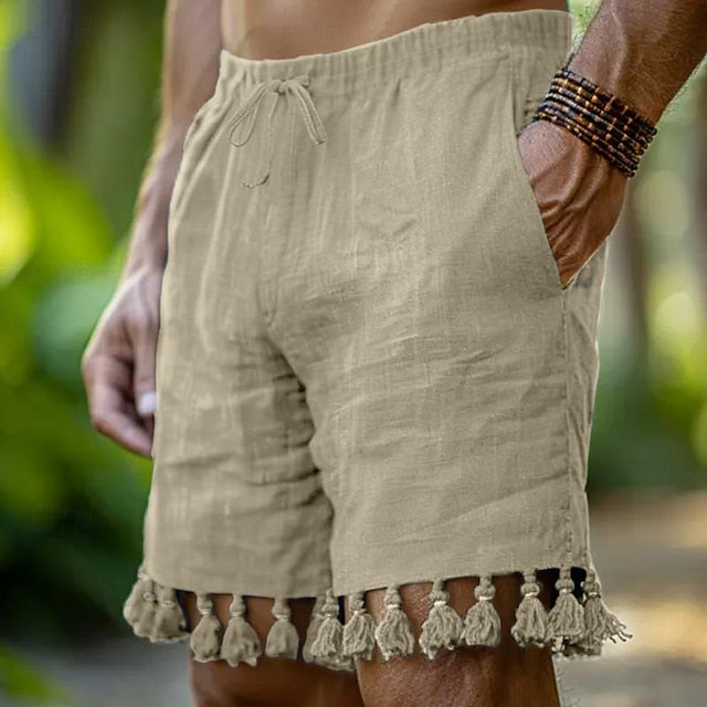 jiaabc Men's Shorts Linen Shorts Summer Shorts Beach Shorts Tassel Fringe Drawstring Elastic Waist Plain Breathable Knee Length Yoga Beach Hawaiian Casual White Green Micro-elastic