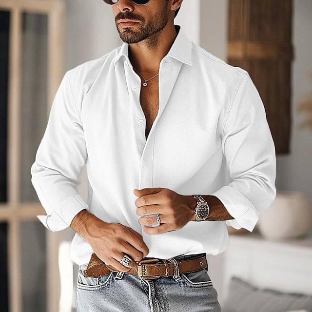 jiaabc Men's Shirt Button Up Shirt Casual Shirt Black White khaki Long Sleeve Plain Lapel Daily Vacation Clothing Apparel Fashion Casual Comfortable