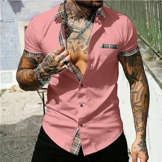 jiaabc Men's Shirt Button Up Shirt Casual Shirt Summer Shirt White Pink Army Green Gray Short Sleeve Color Block Lapel Daily Vacation Front Pocket Clothing Apparel Fashion Casual Comfortable