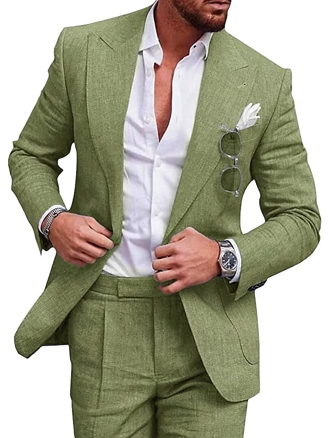 Men's Wedding Linen Suits 2 Piece Lake Blue Pea Green Champagne Solid Colored Summer Suits Tailored Fit No Buttons