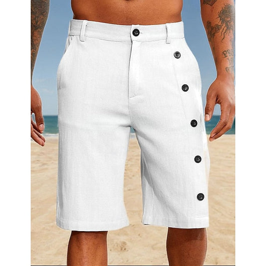 jiaabc Men's Shorts Linen Shorts Summer Shorts Pocket Side Button Straight Leg Solid Color Comfort Breathable Knee Length Casual Daily Vacation Fashion White Blue Inelastic