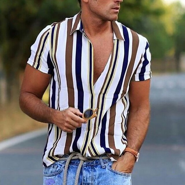 jiaabc Men's Shirt Striped Collar Street Daily Button-Down Print Short Sleeve Tops Casual Fashion Breathable Comfortable White / Summer