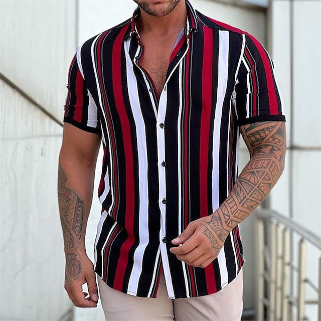 jiaabc Men's Shirt Button Up Shirt Summer Shirt Black + White + Red Purple Green Short Sleeve Striped Turndown Street Casual Button-Down Clothing Apparel Fashion Casual Comfortable