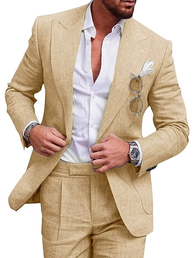 Men's Wedding Linen Suits 2 Piece Lake Blue Pea Green Champagne Solid Colored Summer Suits Tailored Fit No Buttons