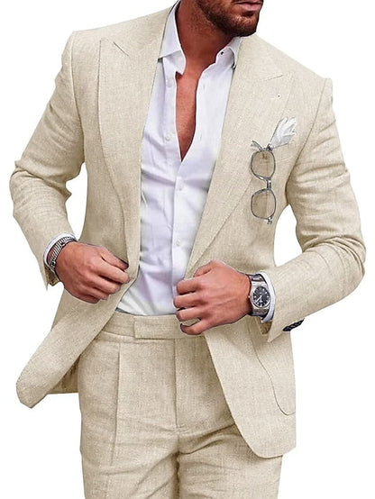 Men's Wedding Linen Suits 2 Piece Lake Blue Pea Green Champagne Solid Colored Summer Suits Tailored Fit No Buttons